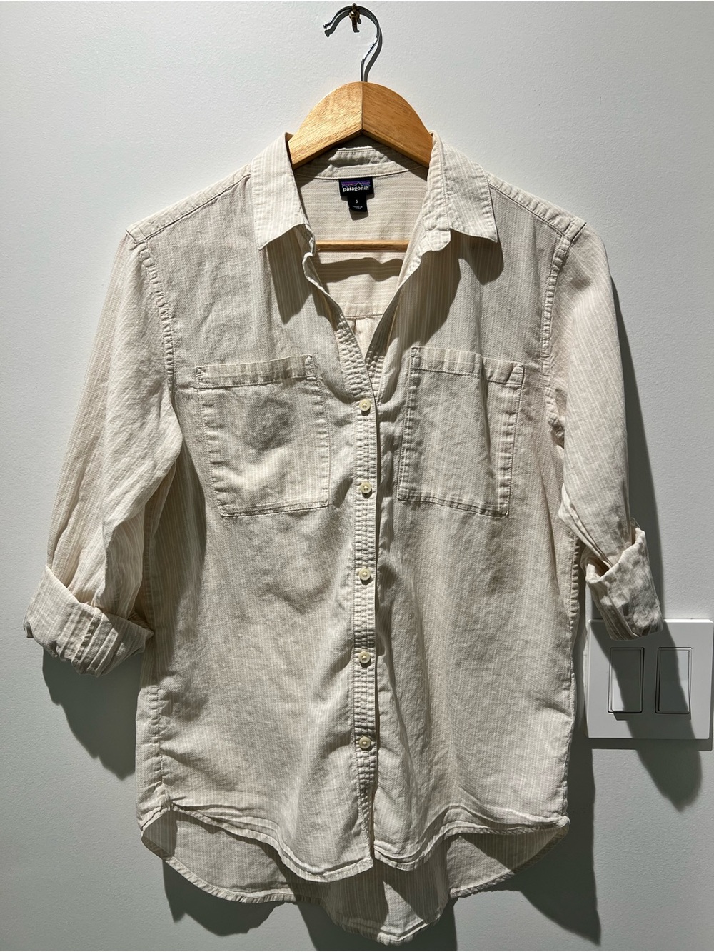 Patagonia Cream Striped Button Down Shirt Oversized Pockets S